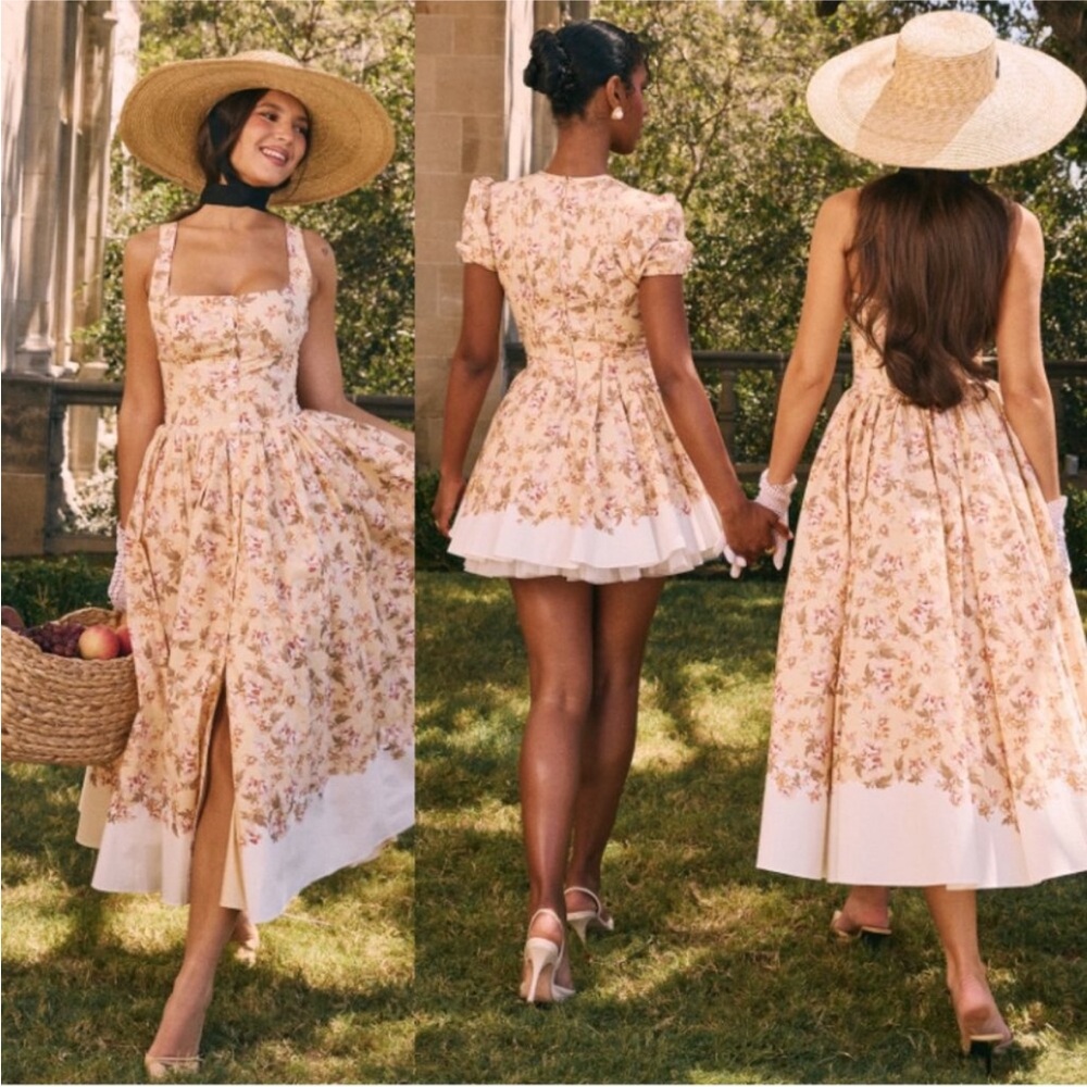 House of CB 'Alba' Honeyflower Priint Gathered Cotton Midi Dress NWOT size S - Picture 4 of 17